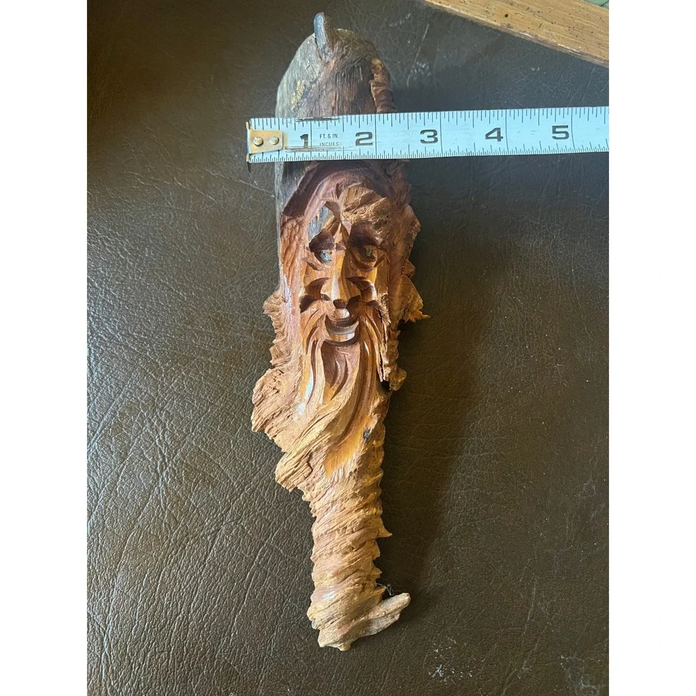 Vintage Hand Carved Wood Spirit Face Forest Wizard Folk Art Branch Carving